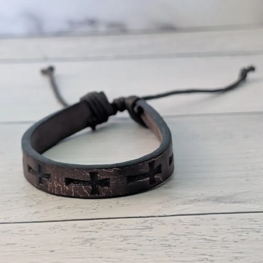 Brown Adjustable Bracelet with Embossed Cross - Fair Condition